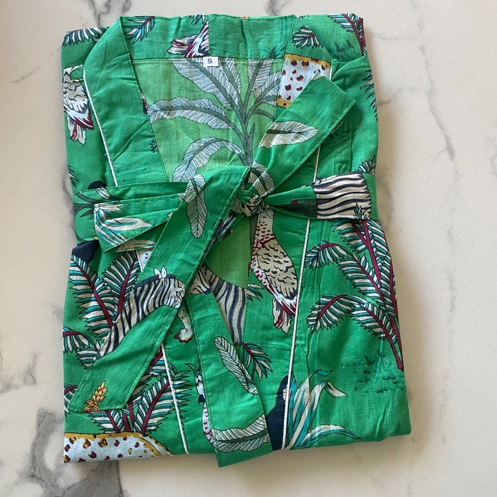 NWOT Handmade Handblock Cotton Print Robe Safari Print in Green  various sizes